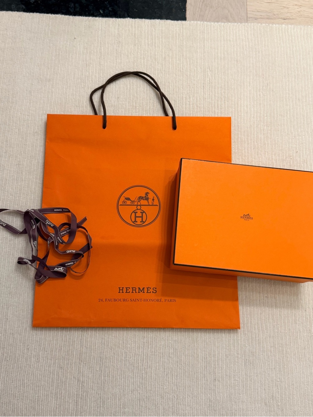 Authentic Hermes Oran Sandal Shoe Box Large Shopping Bag and Ribbon Set No Shoes